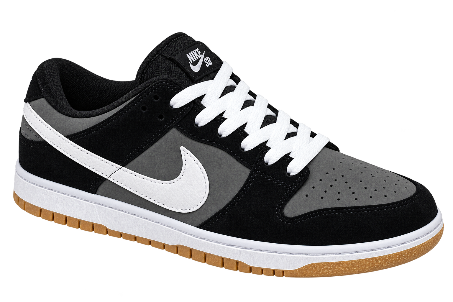 Nike Dunk preto, cinza e branco em destaque